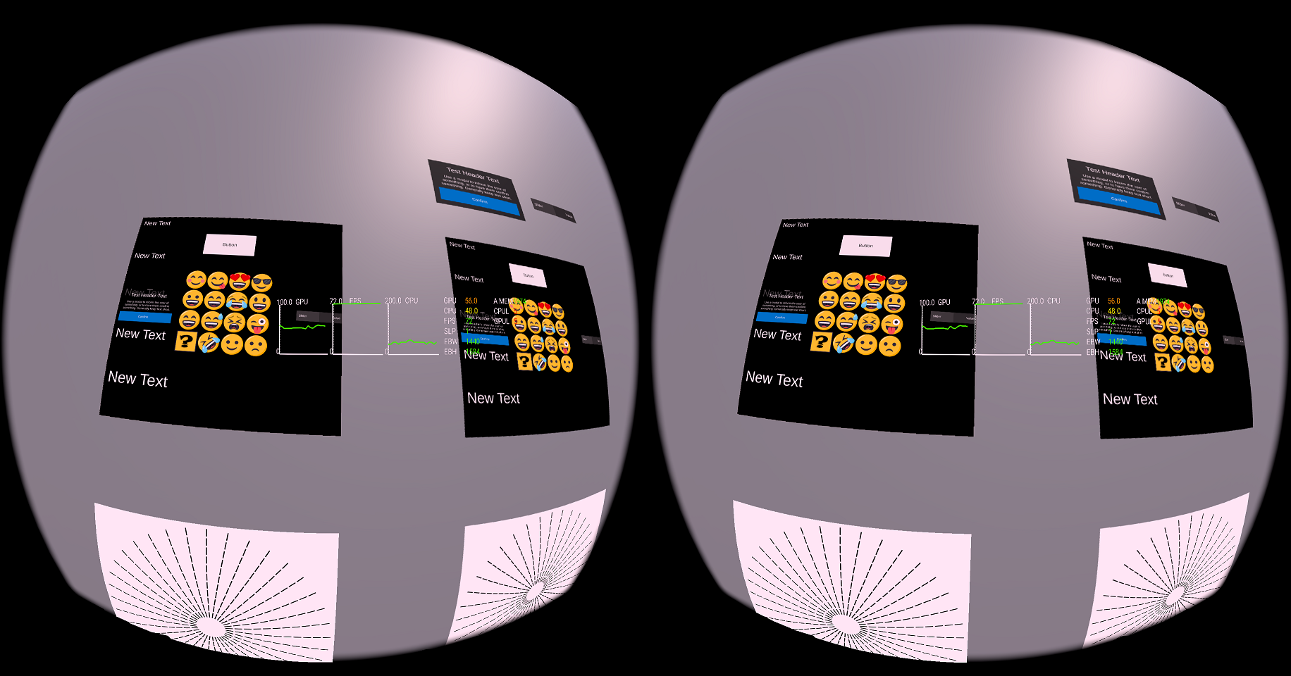 Unity的eye buffer或者叫渲染目标，是一个正常的矩形。这里的输出显然是经过了ATW处理后的图形。